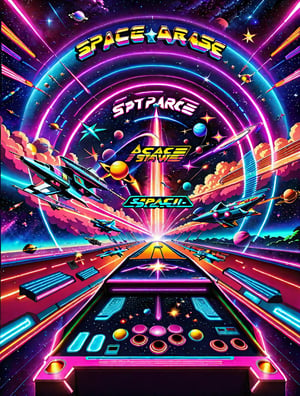 Video game cover art, Retro style, a retro arcade machine with space ships flying shooting flying sausers around spacey back ground with stars and planets , 80s outdoor retro arcade, retro wave, masterpiece epic retrowave art, retrowave art, 80s poster, 1980s arcade, outrun, computer game art, epic retrowave art,