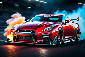 (((A photo realistic image of a Nissan GT-R Nismo 2023))), ((wide shot)) , sharp, detailed car body ,Flame Paint stripes, detailed tires, (masterpiece, best quality, ultra-detailed, 8K), race car, street racing-inspired, Drifting inspired, LED, ((Twin headlights)), (((Bright neon color racing stripes))), (Black racing wheels), Wheel spin showing motion, Show car in motion, Burnout,  wide body kit, modified car,  racing livery, masterpiece, best quality, realistic, ultra high res, (((depth of field))), (full dual color neon lights:1.2), (hard dual color lighting:1.4), (detailed background), (masterpiece:1.2), (ultra detailed), (best quality), intricate, comprehensive cinematic, magical photography, (gradients), glossy, Fast action style, fire out of tail pipes, Sideways drifting in to a turns, 