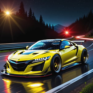 Race cars in a high speed street race (best quality,4k,8k,highres,masterpiece:1.2),ultra-detailed, ((a customized car)), ((street racer)), ((a beautiful paintjob)), ((fully detailed)), illustration, vivid colors, GTR, NSX,  Drifting, going fast, night, bright yellow headlights,setting USA Oregon's Mountain roads, No text on signs, Late night time dark skys filled with moonlight and bright stars,1 car.,Nature,modelshoot style, Fast action style, red and black cars,