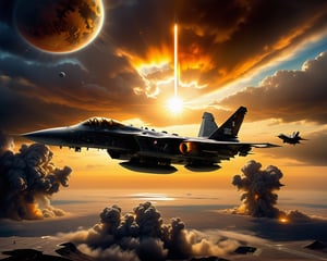 (((Single stelth fighter jet))), (((A single stealth fighter jet flies just feet above a thick cloud cover, with the sun behind it, casting a stunning yellow and orange glow over everything))), The aircraft features a sleek blended wing body design, reminiscent of Lockheed and Boeing's conceptual art for fifth-generation fighters and top-secret space planes. This scene evokes elements of the B-2 bomber and advanced military drones, suggesting cutting-edge technology and futuristic warfare.

Imagined as a high-detail, hyperrealistic painting, this piece combines the artistic styles of Jason Felix, Robert Peak, and John Luke, blending the realism of a movie still with the grandeur of a masterpiece. The jet, possibly part of a secret project at Roswell Air Base or a NASA endeavor, is rendered in award-winning, super high-resolution quality, suitable for 4K, 8K, or even 16K displays.