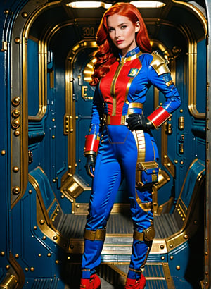 (((Fullbody view))), photorealistic, high resolution, 1women, (detailed face), bright red hair, long hair, fallout vaultsuit pipboy 3000, blue suit, A full body photograph of a beautiful 20 year old wearing a blue and gold vault suit 