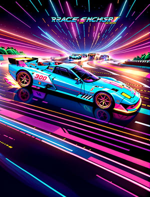 Get Ready to Shift into High Gear! 'Race On' Video Game Cover Art: A Retro Arcade Machine's Masterpiece. A neon-lit, pixel-perfect retro arcade machine hums with excitement as sleek race cars zoom past the finish line and the checkered flag waves triumphantly. The 80s-retro wave artwork pulses with energy, transporting you to an era of outrun and computer game art mastery.,c_car,H effect