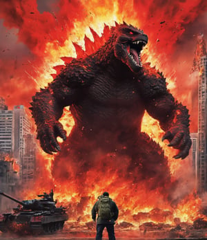 top-quality、Top image quality、​masterpiece、Kaiju((Black torso、red body line、prickly appearance、godzilla style、Spit fire through the mouth,)),hiquality、Beautiful Art、Background with(( Burning City、collapsed building  explosion explosion flight、combat tank station pieces、depth of fields,