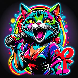 "Mad Cat" the graffiti style of cute woman is singing with a microphone in her hand, ((Neon bold colorful, rich colors, high detailed, masterpiece,high quality, graffiti style)),LOGO