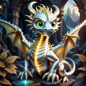 Craft an enchanting fantasy scene featuring a Gold -silver biometric dragon with glowing,  shiny biometrical features. Imagine captivating yelloweyes and impressive glass horns. Place this majestic creature in a fantasy-style background that complements its ethereal beauty,  aiming for a visually striking image with intricate details and a magical atmosphere., cute little dragon
,cute dragon,GUILD WARS