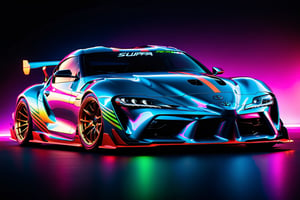 (masterpiece, best quality, ultra-detailed, 8K),toyota supra 2023 model, race car, street racing-inspired,Drifting inspired, LED, ((Twin headlights)), (((Bright neon color racing stripes))), (Black racing wheels), wide body kit, modified car,  racing livery, masterpiece, best quality, realistic, ultra highres, (((depth of field))), (full dual colour neon lights:1.2), (hard dual colour lighting:1.4), (detailed background), (masterpiece:1.2), (ultra detailed), (best quality), intricate, comprehensive cinematic, magical photography, (gradients), glossy,aesthetic,intricate, realistic,cinematic lighting, Neon tungsten Paint,cyberpunk style,c_car