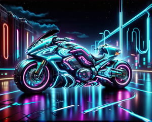 futuristic motorcycle on a city street at night with neon lights, futuristic suzuki, futuristic motorcycle, riding a futuristic motorcycle, sitting on cyberpunk motorbike, tron, motorcycle concept art, cycle render, colors of tron legacy, daniel maidman octane rendering, futuristic vehicles, concept design art octane render, anime art vehicle concept art, cyberpunk futuristic neon, cycles 3 d render, futuristic vehicle,nlgtstyle,chrometech,surface imperfections