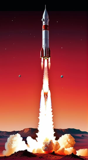 impactful color paint of a rocket is launching from Earth on a mission to explore Mars. Show the rocket against the backdrop of a red Martian sky, with the planet's surface and rocky terrain below, ........... highly detailed, vibrant colors , 8k, sharp, professional, clear, high contrast, high saturated, , vivid deep blacks, crystal clear