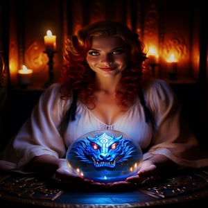 young Beautiful Gypsy fortune teller blond with red eyes she has a stunning glowing crystal ball with a life like dragons face in a blue mist, low candle light and candles glowing orange and yellow in the background. face looks beautiful flawless, Beautiful girl, red hair, big hair, shiny hair, eye reflection, red eyes, smile, Hyperrealism, reflection light, glowing light, sparkle, cinematic lighting, masterpiece, ccurate, anatomically correct, textured skin, super detail, award winning, highres, 4K, 8k,neon photography style,Beautiful girl 