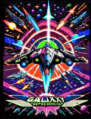 Here's a prompt for creating an epic retro-style video game cover art:

A vintage arcade machine, its neon-lit buttons glowing like stars, dominates the foreground. Space ships in various states of destruction - some exploding into fiery balls, others crippled with damage - whizz past, leaving trails of laser fire across the star-studded, planet-filled background. The title 'Galaxy Defence' bursts forth in bold, retro-style font, while neon-green and blue hues infuse the artwork with a sense of high-energy excitement. Retro wave-inspired, this masterpiece of retrowave art screams 80s nostalgia for classic space ship fighter games.,spcrft