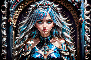 (((masterpiece))),best quality, illustration,(beautiful detailed girl), a girl ,solo,bare shoulders,big boobs,diamond and glaring eyes,beautiful detailed cold face,very long blue and sliver hair,floaing black feathers,wavy hair,black and white sleeves,gold and sliver fringes,a (blackhole) behind the girl,a silver triple crown inlaid with obsidian,(sit) on the black ((throne)), (depth) of (field), NTSF,, Nude