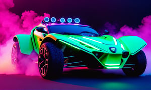 front  view, ultra relistic,  of a green ariel nomad  with headlights on, a light bar on the roof shining bright beams of white light ,  background of colorful smoke , ✏️🎨, 8k stunning artwork, vapor wave, neon smoke, hyper colorful, stunning art style, car with holographic paint, amazing wallpaper, futuristic art style, 8 k highly detailed ❤🔥 🔥 💀 🤖 🚀4k phone wallpaper, inspired by Mike Winkelmann, ,H effect