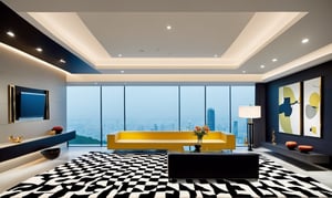 A wide-angle shot captures the Masculine yet modern classy fung shui  vibe but empty room's stark beauty, every color and form of the room has balance, framing the bold black and white and uniformed square checkerboard-patterned patern with the carpet as the central focal point amidst gray walls and soaring black ceiling. The camera gazes upon the rectangular space, where larger back wall contrasts with smaller side walls and flat floor stretches wall-to-wall, evoking new beginnings and possibilities.