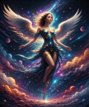 Another vibrant cosmic galaxy, dark color palette, high resolution and contrast and color contrast, complex textures and extremely subtle details, a beautiful female angel with full body glow floating in the universe, side light, super quality , exquisite works of art