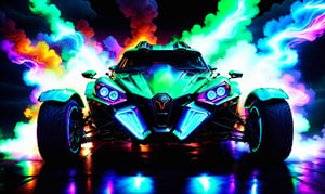 (((front view))), ultra relistic,  of a green ariel nomad  facing  viewer with headlights on, a light bar on the roof shining bright beams of white light ,  background of lightning and colorful smoke , ✏️🎨, 8k stunning artwork, vapor wave, neon smoke, hyper colorful, stunning art style, car with holographic paint, amazing wallpaper, futuristic art style, 8 k highly detailed ❤🔥 🔥 💀 🤖 🚀4k phone wallpaper, inspired by Mike Winkelmann, ,more detail XL,Leonardo