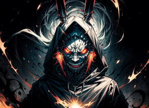 Text "Bad Bunny" bottom center, (((1boy))) , ((solo male)), long bunny ears, Black with red highlights hair, yellow glowing eyes, Mad face, crazy smile, epic,8k,fantasy,ultra detailed,Magic,((hood)),(hoodie),casting spell,blackhole,menancing,((glowing eyes)),((glowing)),((Bloom)),magnificent,Masterpiece, best quality, standing, bunny man , evil, evil grin, apocalypse, destruction,e nd of the world, crazy eyes, Crazy, psychotic, superior, Manly,(sadistic),((demoniac)), ,wrenchsmechs,Female,Portrait,SHADOW