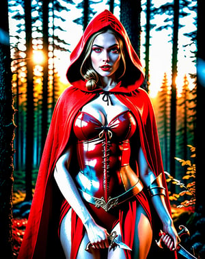 extremely beautiful red riding hood, subtle makeup, golden hour, photorealistic, high contrast, 8k HD, detailed, hyper-detailed, realistic skin texture, covered with red hood, big breast, best quality, ultra high res, raw photo, dramatic lighting, unreal engine, diffuse glow, intricate red hood, outdoor, realistic detailed dark forest, holding dagger,