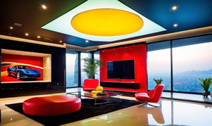 A wide-angle shot captures the masculine high tech and modern and classy fung shui vibe of the living room with colors of black red silver gold and glass, a TV covers a hole wall projector style with the screen displaying a colorful vibrant clear image of a Ferrari, a large windowed wall with a sliding glass door that is open to a patio outside with a view of New York city, the every color and form in the room has equal balance, the room has a uniformed square checkerboard patern marble floor that is the central focal point amidst the tall walls and soaring ceiling. The camera gazes upon the square space, with a  larger back wall and shorter side walls that are even and have no doors, the room is about new beginnings and possibilities.