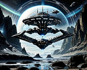 spaceship flying over a mountain with a large structure in the middle, spaceship landing, star citizen halo, aurora spaceship environment, space ship above an island, futuristic spaceship, star citizen digital art, spaceship flies in the distance, futuristic starship, scifi spaceship, an epic space ship scene, alien space ship flying in space, alien starship, spaceship in a dry river bed