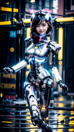 1girl, beautiful face, pale skin, black_hair, medium hair, smiling face, holding a plug with cable, robotic body, full body, sitting, wires, robotic legs, robotics arms, robotic body, robotic hands, futiristic, robotic, mechanical, armored, standing, expressionless face, damaged robotic body, black_robotic_body, alone, (plug and wires), straight leg, busty breast, mecha, bodycon