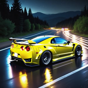 Race cars in a high speed street race (best quality,4k,8k,highres,masterpiece:1.2),ultra-detailed, ((a customized car)), ((street racer)), ((a beautiful paintjob)), ((fully detailed)), illustration, vivid colors, GTR, NSX,  Drifting, going fast, night, bright yellow headlights,setting USA Oregon's Mountain roads, No text on signs, Late night time dark skys filled with moonlight and bright stars,1 car.,Nature,modelshoot style, Fast action style,