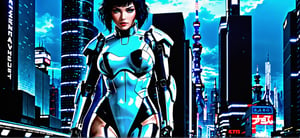 Ghost in the Shell Vol.2, 1 woman in a futuristic suit holding a gun running away, Movie action shot, ((( a large robot stands in the background in a futuristic city))), ghost in the shell art style, by Luis Duarte, Luis Duarte style, blue and black shading, Neo-Tokyo style, Element Air, Mythpunk, Graphic Interface, Sci-Fic Art, Dark Influence, NijiExpress 3D v3, Kinetic Art, Datanoshing, Oilpainting, Ink v3, Cyber Tech Elements, Futuristic, Illustrated v3, Movie Still, TechStreetwear, anime style, Hyperrealism, high detail, Futurism, wide shot, panorama, Ultra-Wide Angle, award winning, super detail, textured skin, highres, HD, 4K, 8k, 16k,
