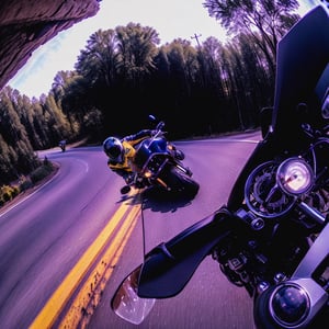 motorcycle on the road with a person on it and a motorcycle on the side, wideangle action, riding on the road, wide angle dynamic action shot, pov shot, extreme wide angle, riding, gopro shot, gopro photo, gopro footage, shot with a gopro, taken on go pro hero8, ultra wide angle, helmet view, fisheye perspective,photorealistic