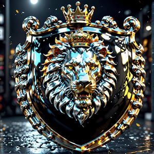 high detail, high quality, 8K Ultra HD, high quality, 8K Ultra HD, ln Family crest style, A neon mad golden lion face on a shield in silver and black highlights, background solid Black, glass shiny style