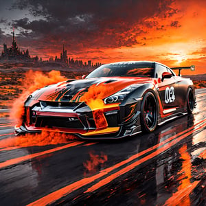 Ultra wide photorealistic medieval gothic image of "2024" lettering, custom design, graffiti, racing serial number, fast lanes, full car 2024 Nissan GT R Nismo orange with black  race strips and wide body kit racing whith  Dark sun setting in the background, Glowing road, black and neon laser yellow-red gray, ink flow - 8k photorealistic masterpiece - by Aaron Horkey and Jeremy Mann - detail. liquid gouache: Jean Baptiste Mongue: calligraphy: acrylic: color watercolor, cinematic lighting, maximalist photo illustration: marton Bobzert: 8k concept art, intricately detailed realism, complex, elegant, sprawling, fantastical and psychedelic, dripping with color,science fiction,H effect