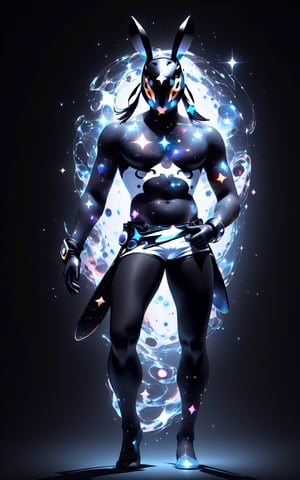 solo_male, feminine, solo, skinny, (slim), simple background, gloves, animal ears, full body, (black skin), grey background, glowing, no pupils, (human_lip), starry sky print, (white rabbit mask:1.2), (black tribal celestial clothes:1.2), dinamic photo, mystic, 3d render, unreal engine,Celestial Skin,