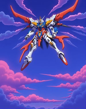 a Gundom battle mech, soaring through the sky. The robot's body is adorned with a variety of vibrant colors, including blue, orange, yellow, and white. The spaceship's wings are spread wide, adding a sense of movement to the scene. The backdrop is a deep blue, with a mix of pink, purple, and blue hues. The sky is filled with clouds, adding depth to the composition.,aidmaGlow,nftnik