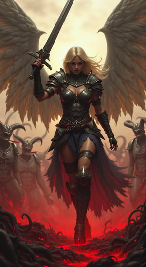 Gorgeous angel warrior fighting her way through hell with only a large sword. Bloody demon hoard in background.