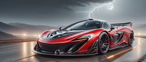 Ultra wide photorealistic image. Image created for the calendar. A luxury sports car, McLaren P1 chrometech red and black futuristic with wide body kit and raceing strip with race livery, Street racing other cars like it, car racing down moutain roads at night in the rain, Lightning stars large Moon with a red tint, Surrealism, Realism, Hyperrealism, sparkle, cinematic lighting, reflection light, ray tracing, speed lines, motion lines, first-person view, Ultra-Wide Angle, Sony FE, depth of field, masterpiece, ccurate, textured skin, super detail, high details, best quality, award winning, highres, 4K, 8k, 16k,H effect