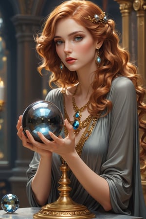 (masterpiece), Detailed shot of a beautiful slender woman on a golden pedestal, copper colored hair, makeup, hypnotizing gaze, hematite stone crystal ball in her hand, posing artistically with the hematite stone, digital painting, intricate, elegant, highly detailed, seasonal art.impressionist art, sharp soft focus, illustration, Unreal Engine 5, 8k, art by artgerm and greg rutkowski and alphonsemucha