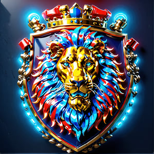 high detail, high quality, 8K Ultra HD, high quality, 8K Ultra HD, ln Family crest style, A neon mad lion on the shield in neon colors gold red and blue, glass shiny style