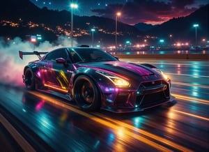 (((Drift car))),(masterpiece), best quality, ultra-detailed, 8K), 2024 GTR Nismo, street racing-inspired, Drifting inspired, LED, ((Twin headlights)), (((Bright neon color racing stripes))), (Black racing wheels), (best quality,4k,8k,highres,masterpiece:1.2),ultra-detailed, ((a customized car)), ((street racer)), ((a beautiful paintjob)), ((fully detailed)), Wheel spin showing motion Show car in motion, Burnout,  wide body kit, modified car,  racing livery, masterpiece, best quality, realistic, ultra highres, (((depth of field))), (full dual color neon lights:1.2), (hard dual color lighting:1.4), (detailed background), (masterpiece:1.2), (ultra detailed), (best quality), intricate, comprehensive cinematic, magical photography, (gradients), glossy, Drifting with front wheels turned slightly , going fast, night, bright yellow headlights, setting USA Oregon's Mountain roads, No text on signs, Late night time, Set in a rain storm with lightning,1 car., Nature, model shoot style, Fast action style, Sideways drifting in to a turn, Night sky with galaxy sky, Fast action style, Sideways drifting in to a turn, Graphis livery, Neon black and red metallic paint with red and yellow hues race stripes, aesthetic, intricate, realistic, cinematic lighting, Neon Paint,shandian,High Speed,aidmaGlow,bpGraffitiStyle,magical sky