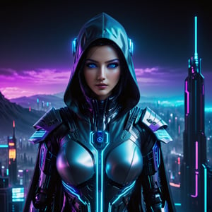 masterpiece, best quality, (((extremely detailed CG))), 8k wallpaper, masterpiece, best quality, ultra-detailed, best shadow), (detailed background),RAW photo, best quality, (realistic, photo-Realistic),the body of a man being simulated in neon blue purple and black high-tech hood and body, Eyes open, eyes blue and purple neon eyes, in the style of cyberpunk imagery, mechanical designs, algorithmic artistry, 32k uhd, chrome-plated, enigmatic,p3rfect boobs