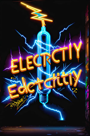 text saying "electricity",  graffiti neon street art electricity industries vacume tube,  elements lightning gold light  neon vivid colors, SelectiveColorStyle,DonM3l3m3nt4lXL