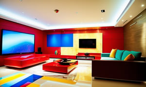 A wide-angle shot captures the masculine high tech modern and classy fung shui vibe of the living room, a TV covers a hole wall projector style with the screen displaying a colorful vibrant clear image of a Ferrari, every color and form in the room has equal balance, the room has a uniformed square checkerboard patern marble floor that is the central focal point amidst the tall walls and soaring ceiling. The camera gazes upon the square space, with a  larger back wall and shorter side walls that are even and have no doors, the room is about new beginnings and possibilities.