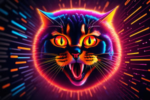 "Mad Cat" , of a 3D  digital codeed Neon colors red orange and yellow of a MAD CAT eyes squinted mouth open showing teeth, Neon multy colored matrix code falling from the top in the background, Aword winning, highley detailed, high res, 4K, 8K, HD wallpaper style, Neon multy colored matrix code falling from the top in the background, chip, neon technology sphere, technology concepts, intelligence concepts 