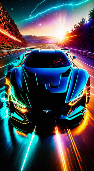 a sci-fi sportscar passing by, light speed, flash, motion trail, a shining star(sun) in the background, motion blur, epic visual effects, interstellar, flow, detailed, scifi, star blast, dark vibrant colors, cosmic art, stars in background, cinematic scene, lens flare, god rays, glow, art of Doug Chiang and John Park glowneon, glowing, sparks, lightning, ultra detailed dramatic lighting  ,highly detailed, vibrant colors , 8k, sharp, professional, clear, high contrast, high saturated,