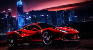 (Best quality, 8k, Masterpiece :1.2), hyper realistic, at a mountain, an detailed red Ferrari 488, Speeding on the highway, (Facing the audience), The blue skyscraper in the background, at night,