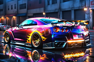 Anime-style GT R street racer wide body kit, neon-lit city, fast cars, drifting, adrenaline-fueled action, intense concentration, midnight speed,Movie Still,fire element