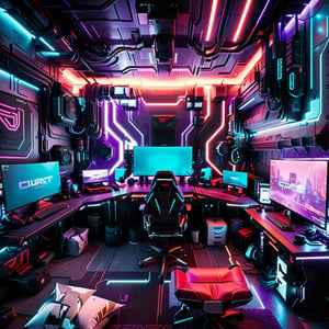 (((NO PEOPLE!!!))) pc hacker room with a huge PC setup on a  big black and red desk with 8 large computer screens built in and computers on shelves , a dimly lit gaming room with multiple monitors and a gaming chair, gaming room, cyberpunk setting, dark setup, gamer themed, gaming room in 2 0 4 0, gamer aesthetic, gamer screen on metallic desk, 8 k wide shot, in a cyberpunk themed room, thicc build, purple and cyan lighting, satisfying cable management, cyberpunk vibe, Controle room style, wide angle view, modern, high detail, backlighting, glowing light, cinematic lighting, depth of field, first-person view, Ultra-Wide Angle, masterpiece, ccurate, anatomically correct, super detail, award winning, highres, 4K, 8k,More Detail,Futuristic room,Movie Still,cyberpunk style