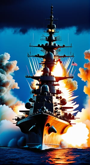 Nuclear missile being fired from a battleship, ........... highly detailed, vibrant colors , 8k, sharp, professional, clear, high contrast, high saturated, , vivid deep blacks, crystal clear