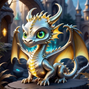 Craft an enchanting fantasy scene featuring a Gold -silver biometric dragon with glowing,  shiny biometrical features. Imagine captivating yelloweyes and impressive glass horns. Place this majestic creature in a fantasy-style background that complements its ethereal beauty,  aiming for a visually striking image with intricate details and a magical atmosphere., cute little dragon
,cute dragon,GUILD WARS