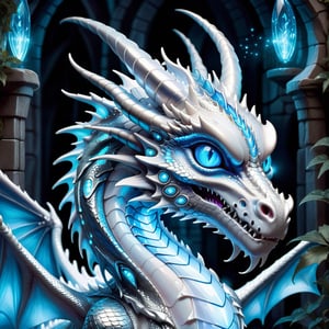 Craft an enchanting fantasy scene featuring a beautiful silver-white biometric dragon with glowing,  shiny biometrical features. Imagine captivating blue eyes and impressive glass horns. Place this majestic creature in a fantasy-style background that complements its ethereal beauty,  aiming for a visually striking image with intricate details and a magical atmosphere., cute little dragon
