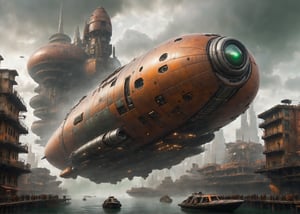 A futuristic dystopian scene with a large oval-shaped spaceship dominating the center. The spaceship has an orange-brown metallic surface, suggesting rust and wear. The surrounding buildings are tall, densely packed, and show signs of aging. The color palette is dominated by dark greens and grays due to mist or pollution. A small boat moves slowly in the water below the dirigible.,ROBOT