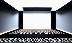 A wide-angle shot captures the modern empty room's stark simplicity, framing the bold black and white checkerboard-patterned carpet as the central focal point amidst gray walls and soaring black ceiling. The camera gazes upon the rectangular space, where larger back wall contrasts with smaller side walls and flat floor stretches wall-to-wall, evoking new beginnings and possibilities.