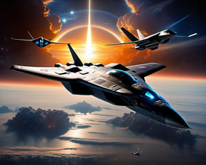 realistic, a fighter jet flying in the sky just feet above the clouds below sun behind in the background bathing everying in the suns color glow, Stelth v wing lockheed concept art, 5th gen fighter, b - 2 bomber, boeing concept art, top secret space plane, us airforce, fighter drones, military drone, by Jason Felix, roswell air base, boeing concept art painting, nasa, by Robert Peak, by John Luke, in the near future, Movie Still, masterpiece, super detail, best quality, award winning, highres, 4K, 8k, 16k